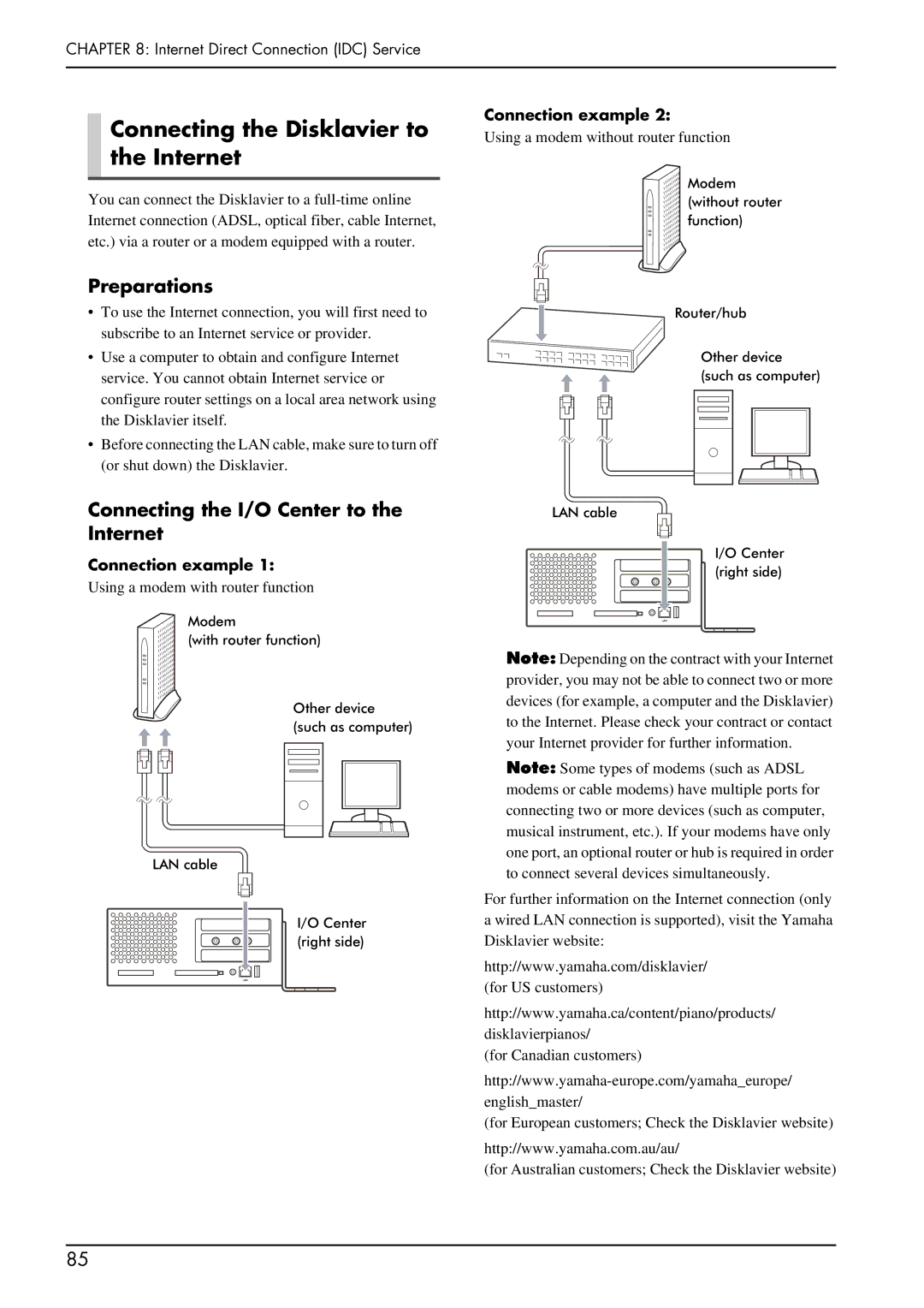 Yamaha PRO/Mark IV Connecting the Disklavier to the Internet, Preparations, Connecting the I/O Center to the Internet 