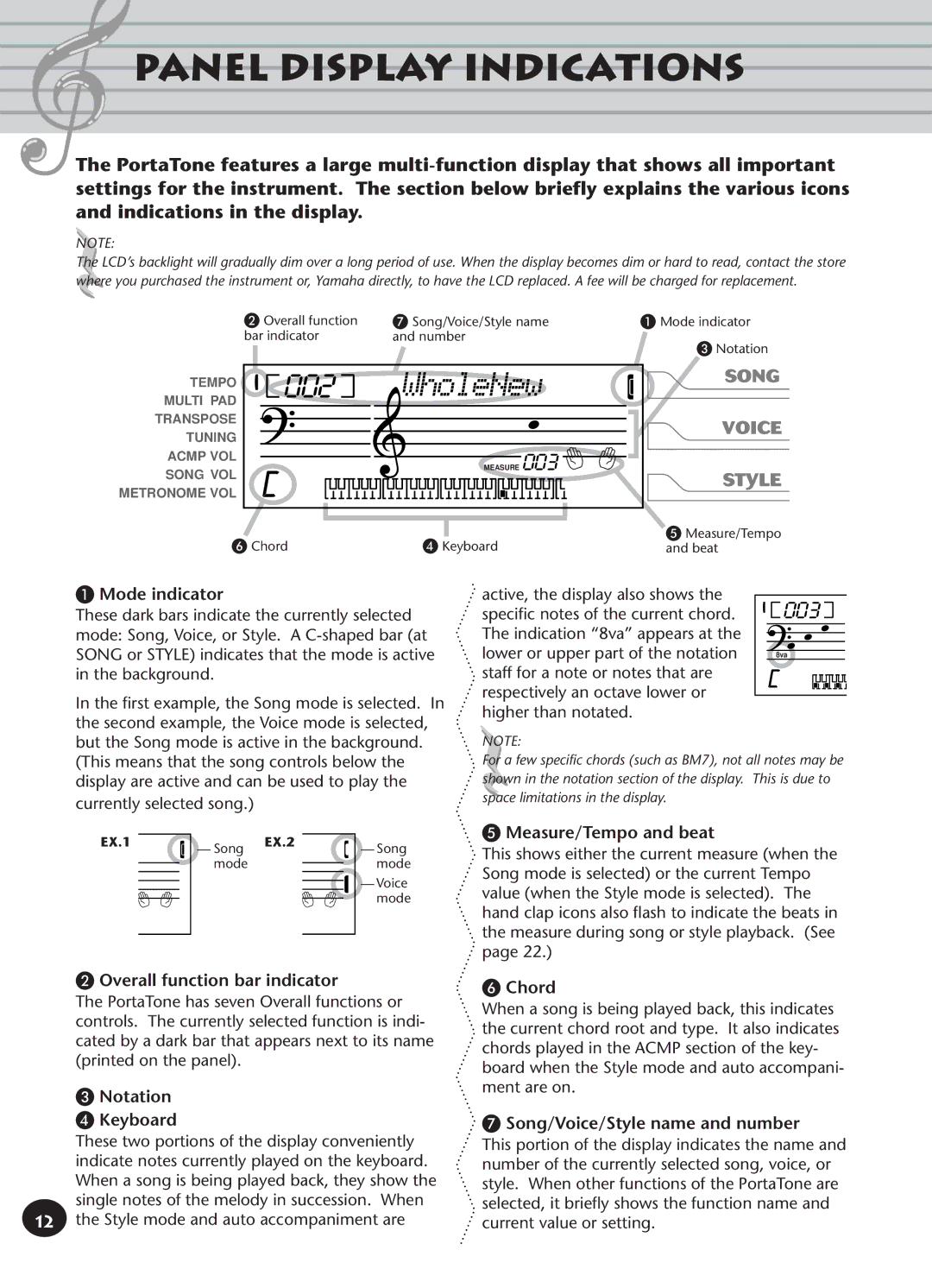 Yamaha PSR-140 manual Panel Display Indications 