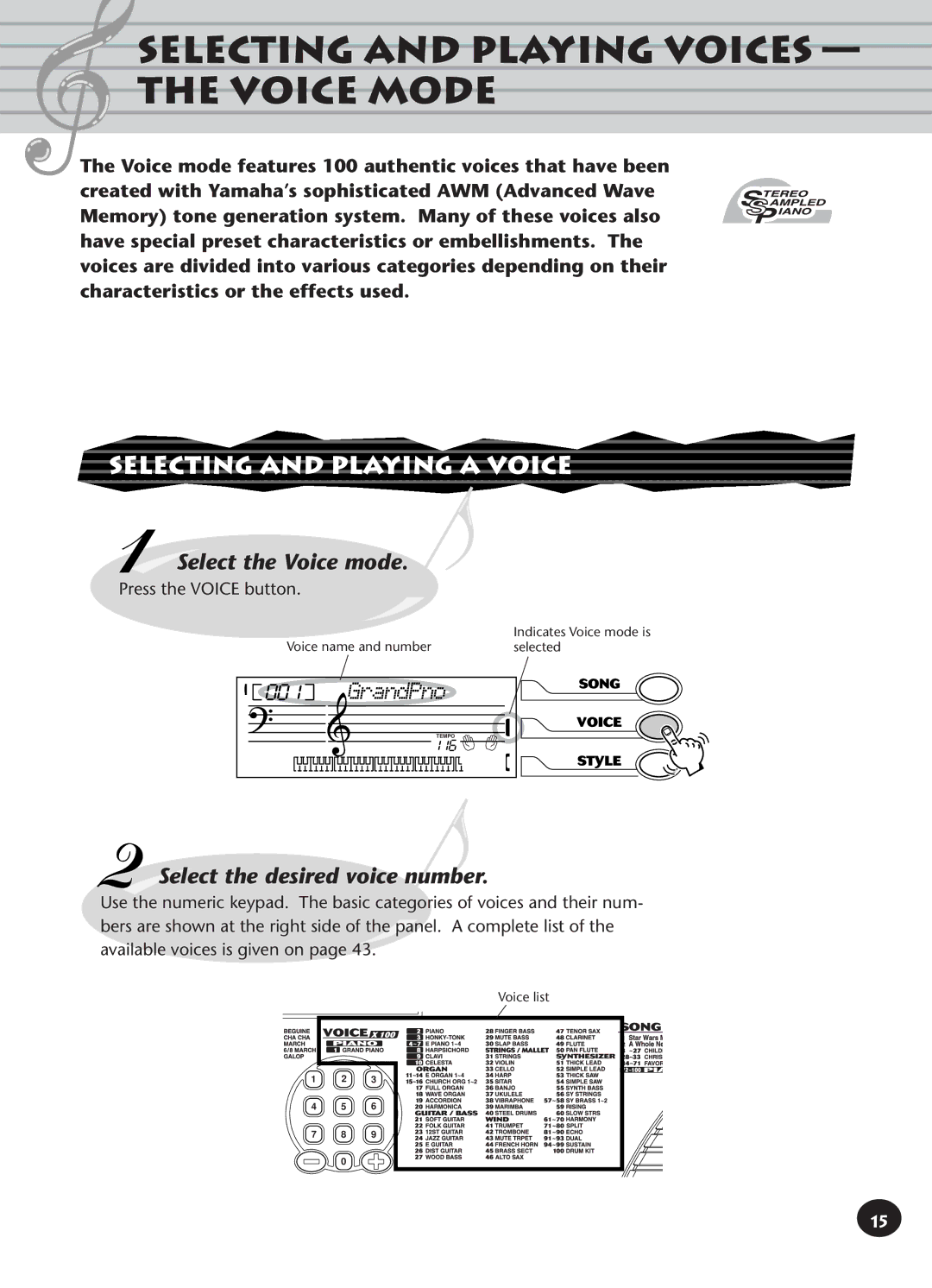 Yamaha PSR-140 Selecting and Playing Voices Voice Mode, Selecting and Playing a Voice, Select the Voice mode, GrandPno 