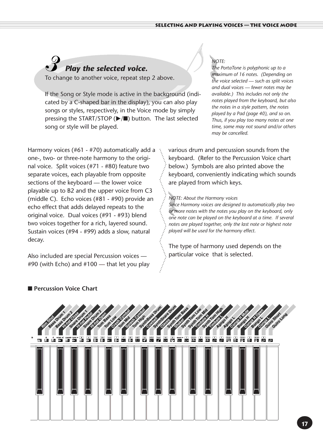 Yamaha PSR-140 manual Play the selected voice, Percussion Voice Chart 