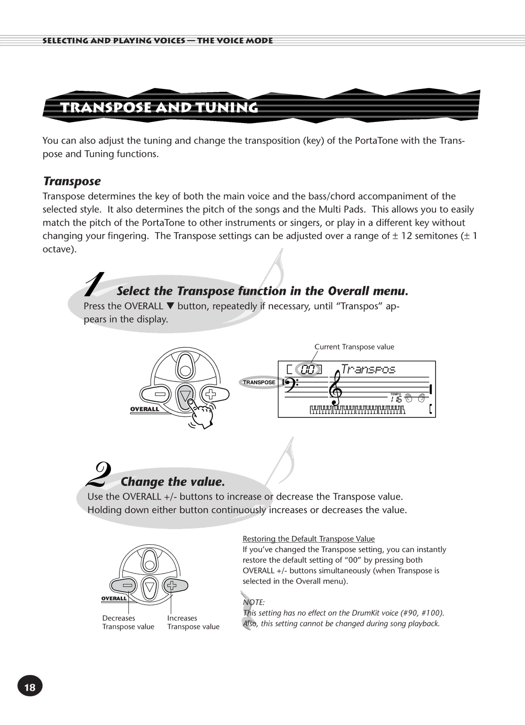 Yamaha PSR-140 manual Transpose and Tuning, Select the Transpose function in the Overall menu 