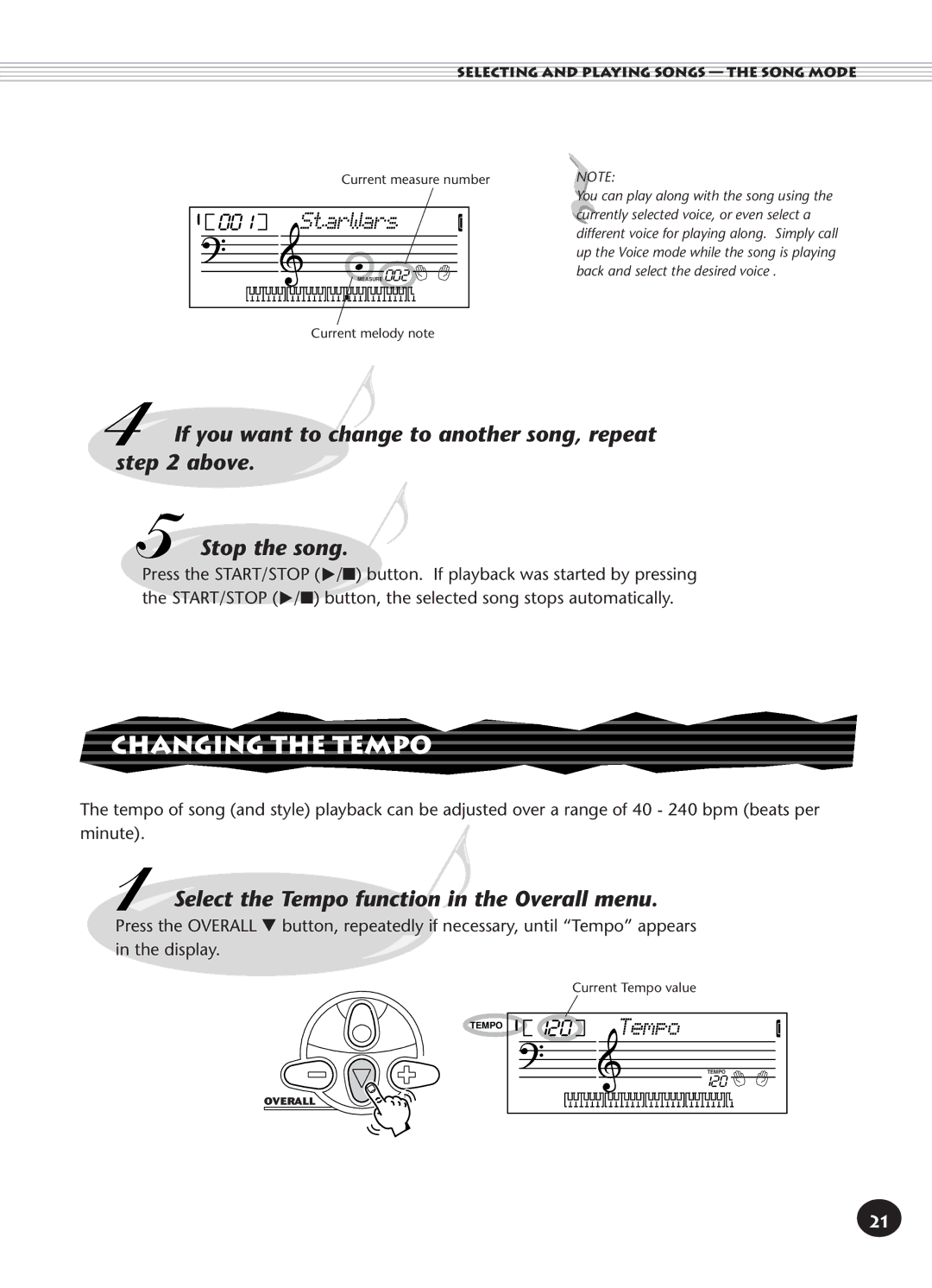 Yamaha PSR-140 manual Changing the Tempo, Select the Tempo function in the Overall menu 