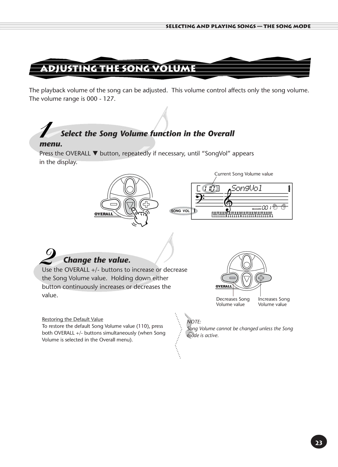 Yamaha PSR-140 manual Adjusting the Song Volume, Select the Song Volume function in the Overall menu, SongVol 