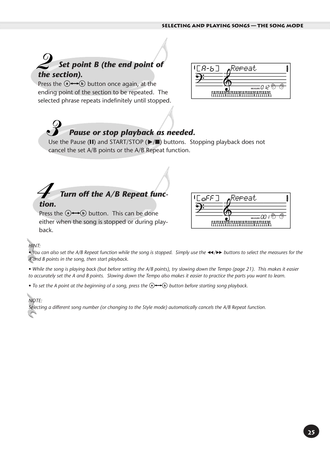 Yamaha PSR-140 manual Set point B the end point of the section, Pause or stop playback as needed 