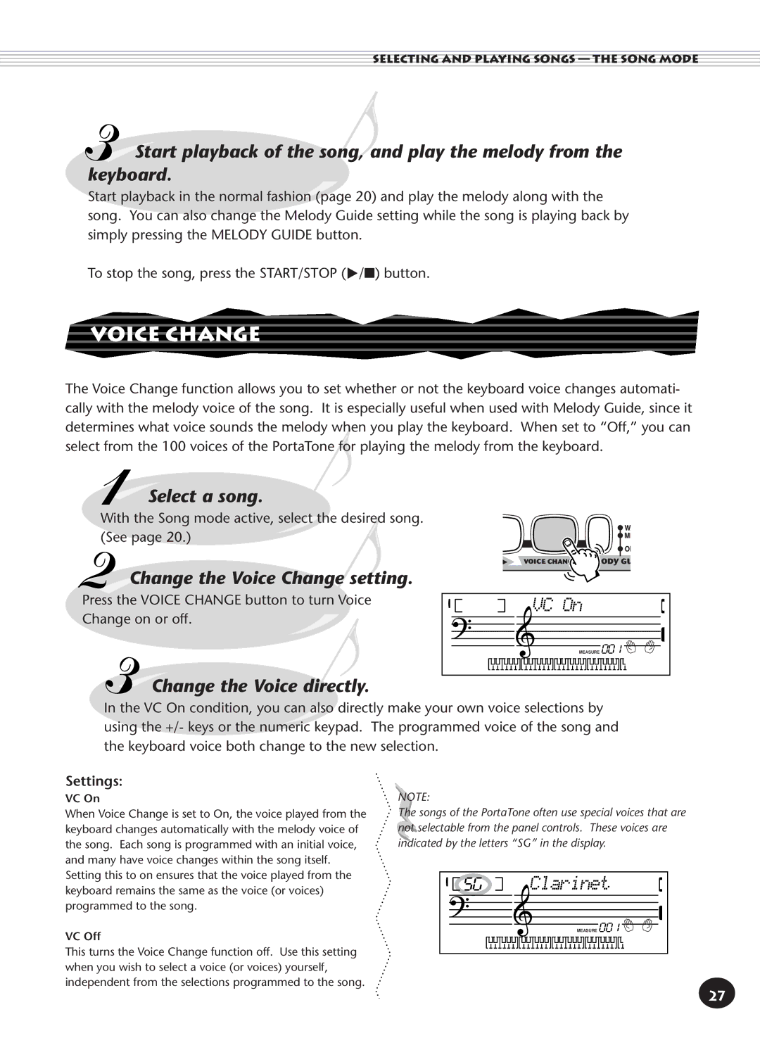 Yamaha PSR-140 manual Change the Voice Change setting, Change the Voice directly, VC On, Clarinet 