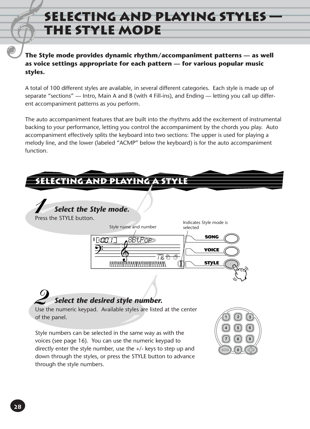 Yamaha PSR-140 Selecting and Playing Styles the Style Mode, Selecting and Playing a Style, Select the Style mode, 8BtPop 