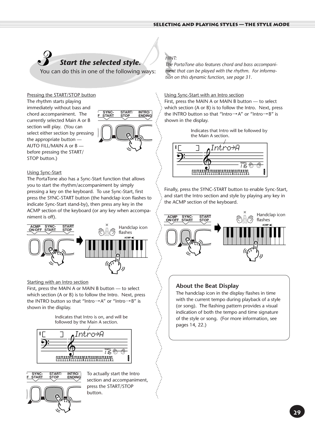 Yamaha PSR-140 manual Start the selected style, Intro³A 