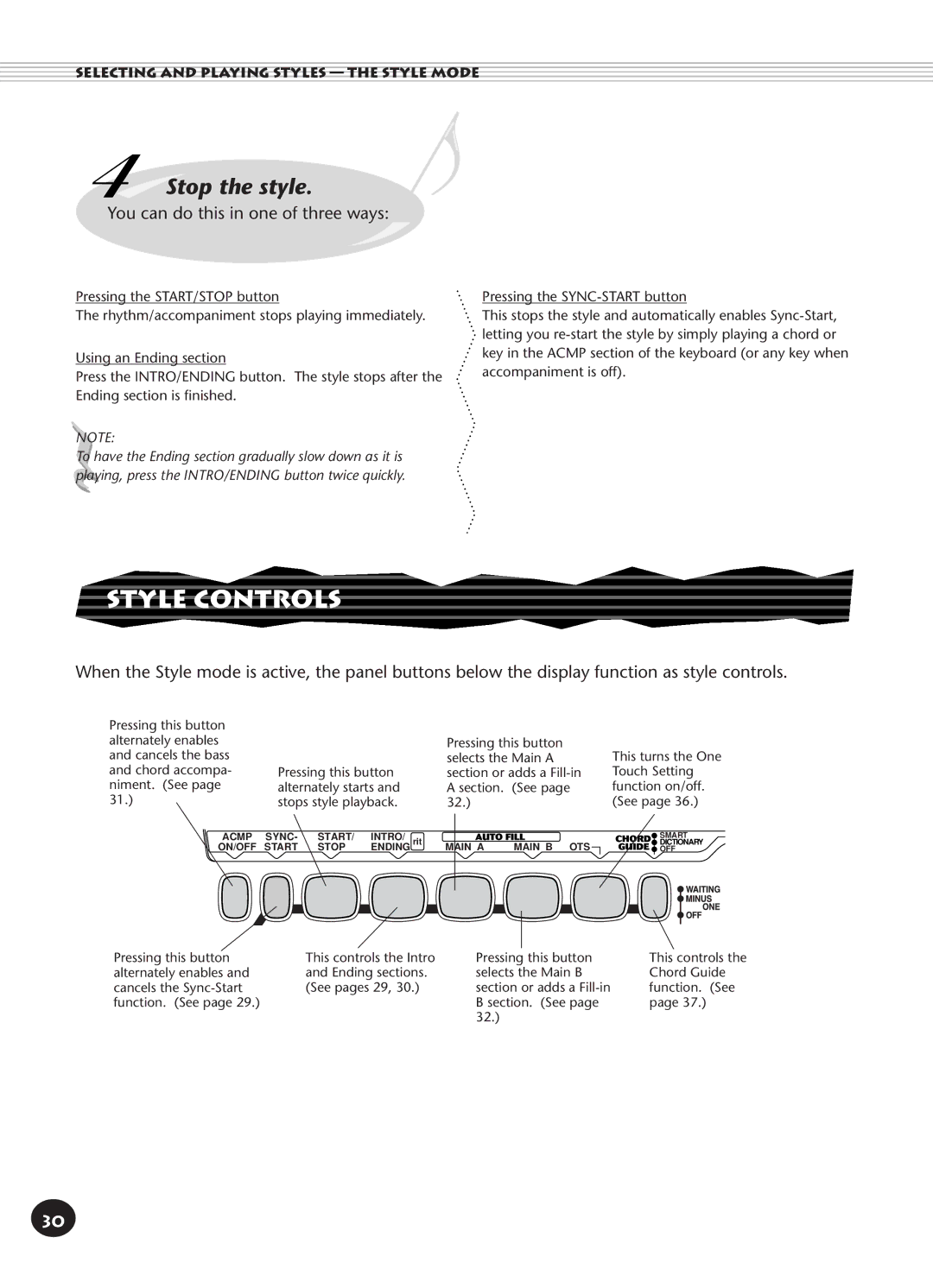 Yamaha PSR-140 manual Style Controls, Stop the style 