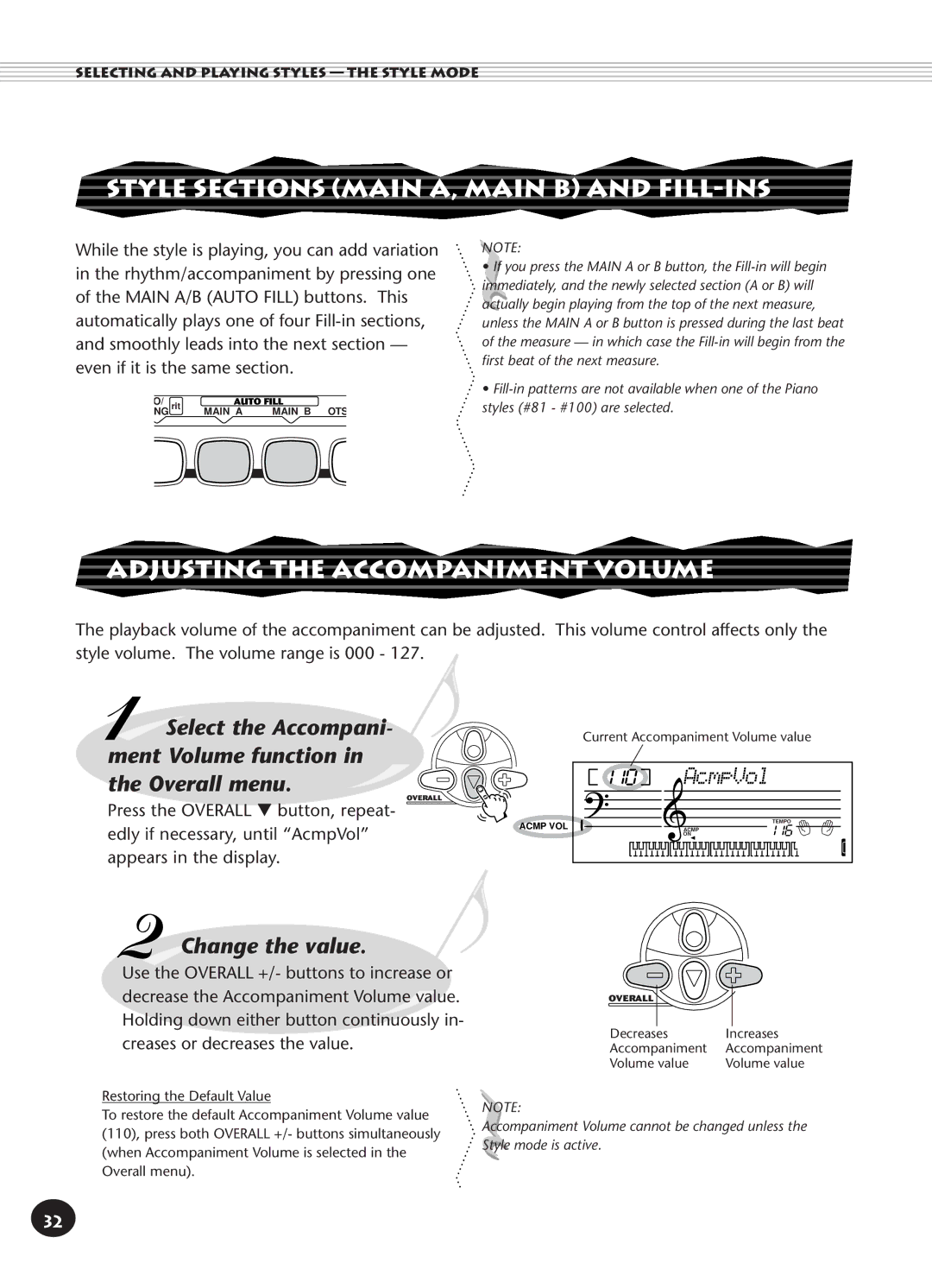 Yamaha PSR-140 manual Style Sections Main A, Main B and FILL-INS, Adjusting the Accompaniment Volume, AcmpVol 