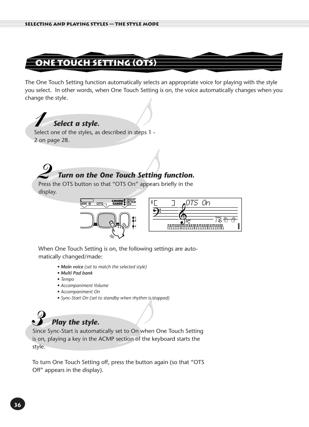 Yamaha PSR-140 manual ONE Touch Setting OTS, Select a style, Turn on the One Touch Setting function, OTS On, Play the style 