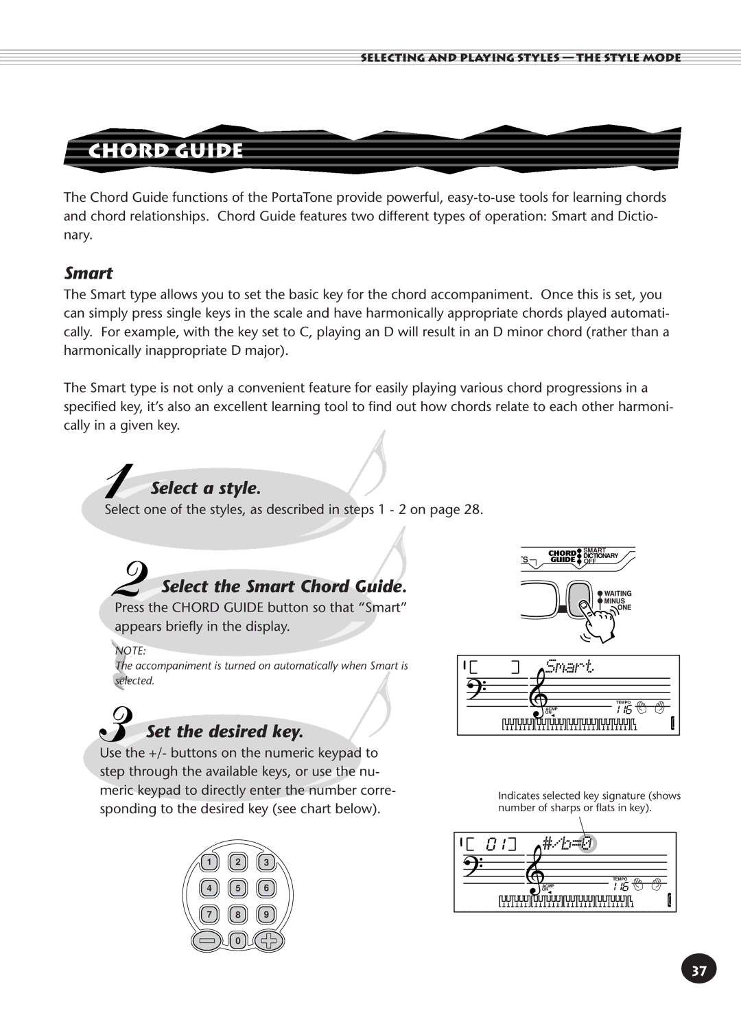 Yamaha PSR-140 manual Select the Smart Chord Guide, Set the desired key 