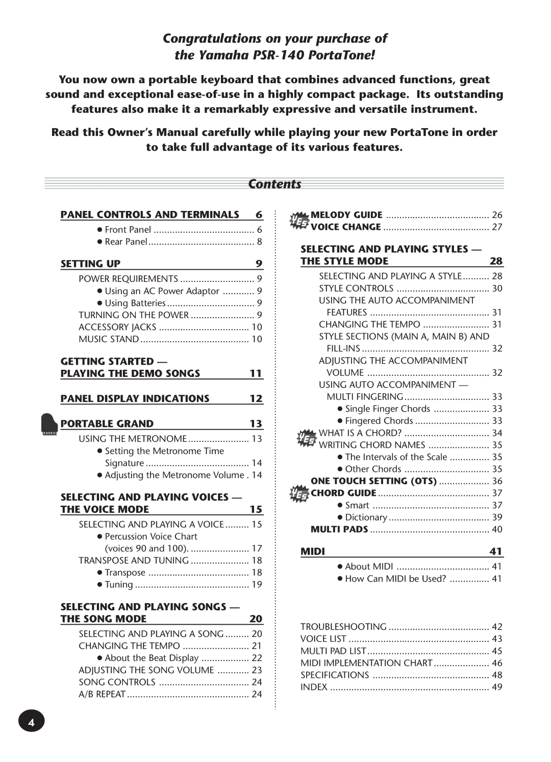 Yamaha manual Congratulations on your purchase Yamaha PSR-140 PortaTone, Contents 