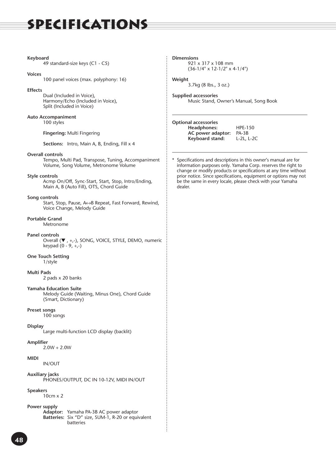 Yamaha PSR-140 manual Specifications, Midi 