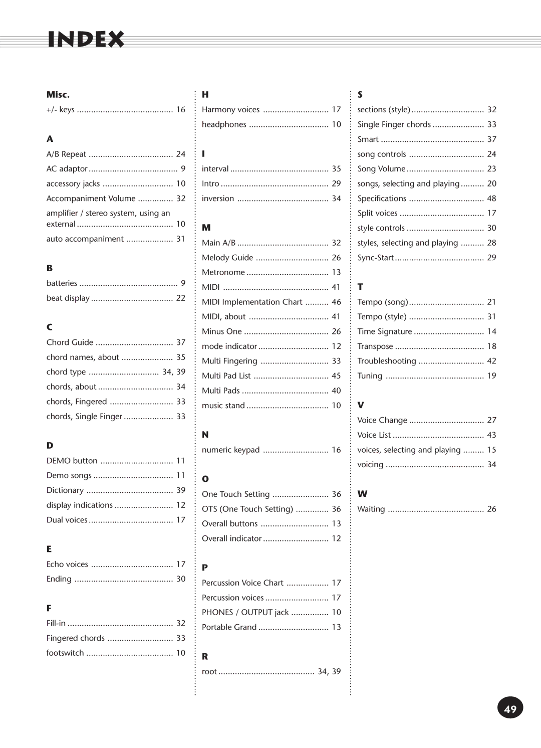 Yamaha PSR-140 manual Index, Misc 