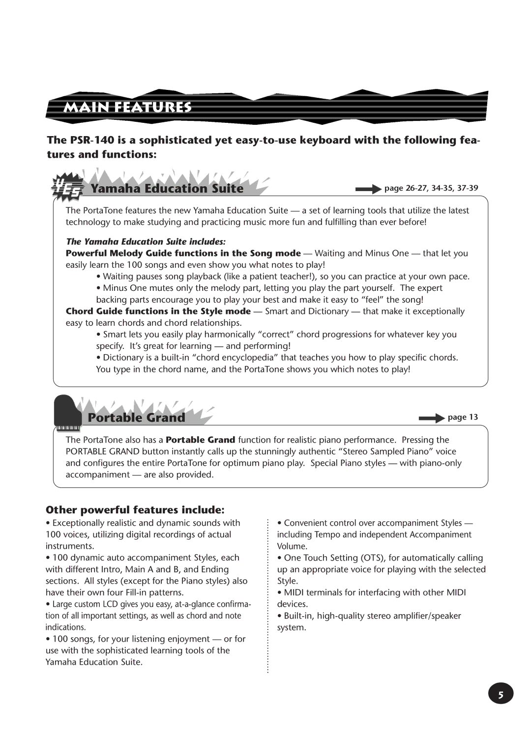 Yamaha PSR-140 manual Main Features, Yamaha Education Suite 