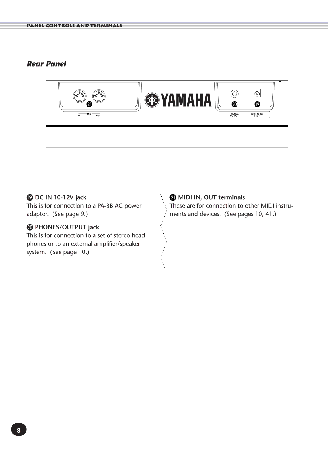 Yamaha PSR-140 manual Rear Panel, DC in 10-12V jack Midi IN, OUT terminals, PHONES/OUTPUT jack 