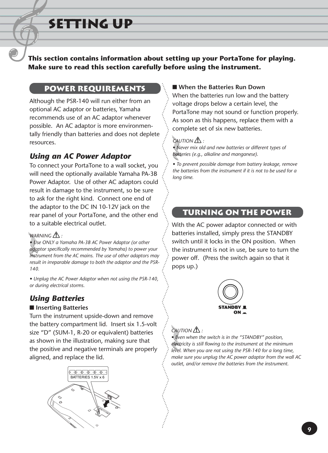 Yamaha PSR-140 Setting UP, Using an AC Power Adaptor, Using Batteries, Inserting Batteries, When the Batteries Run Down 