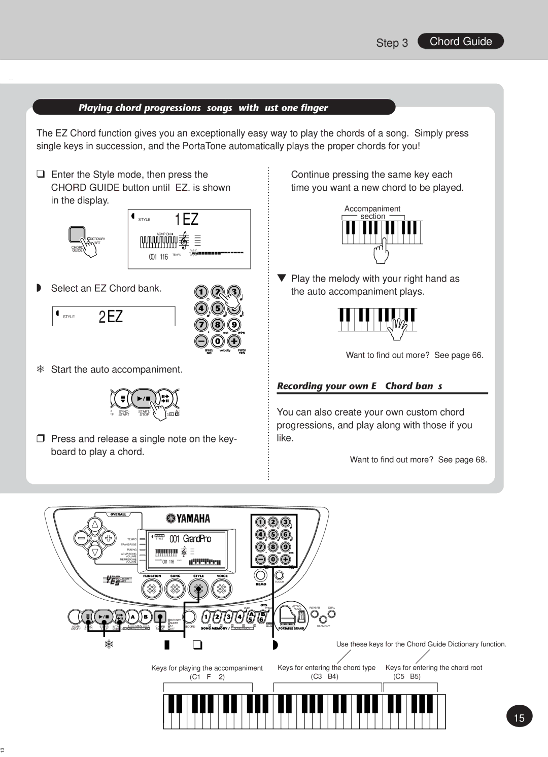 Yamaha Portatone, PSR-270 manual Chord Guide, Playing chord progressions songs with just one finger 