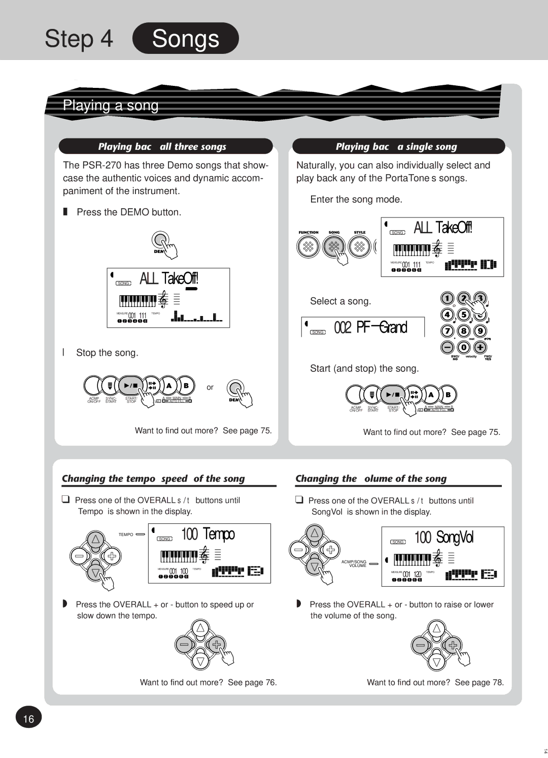 Yamaha PSR-270, Portatone manual Song ALLTakeOff, Song 002PF-Grand, Song 100SongVol 