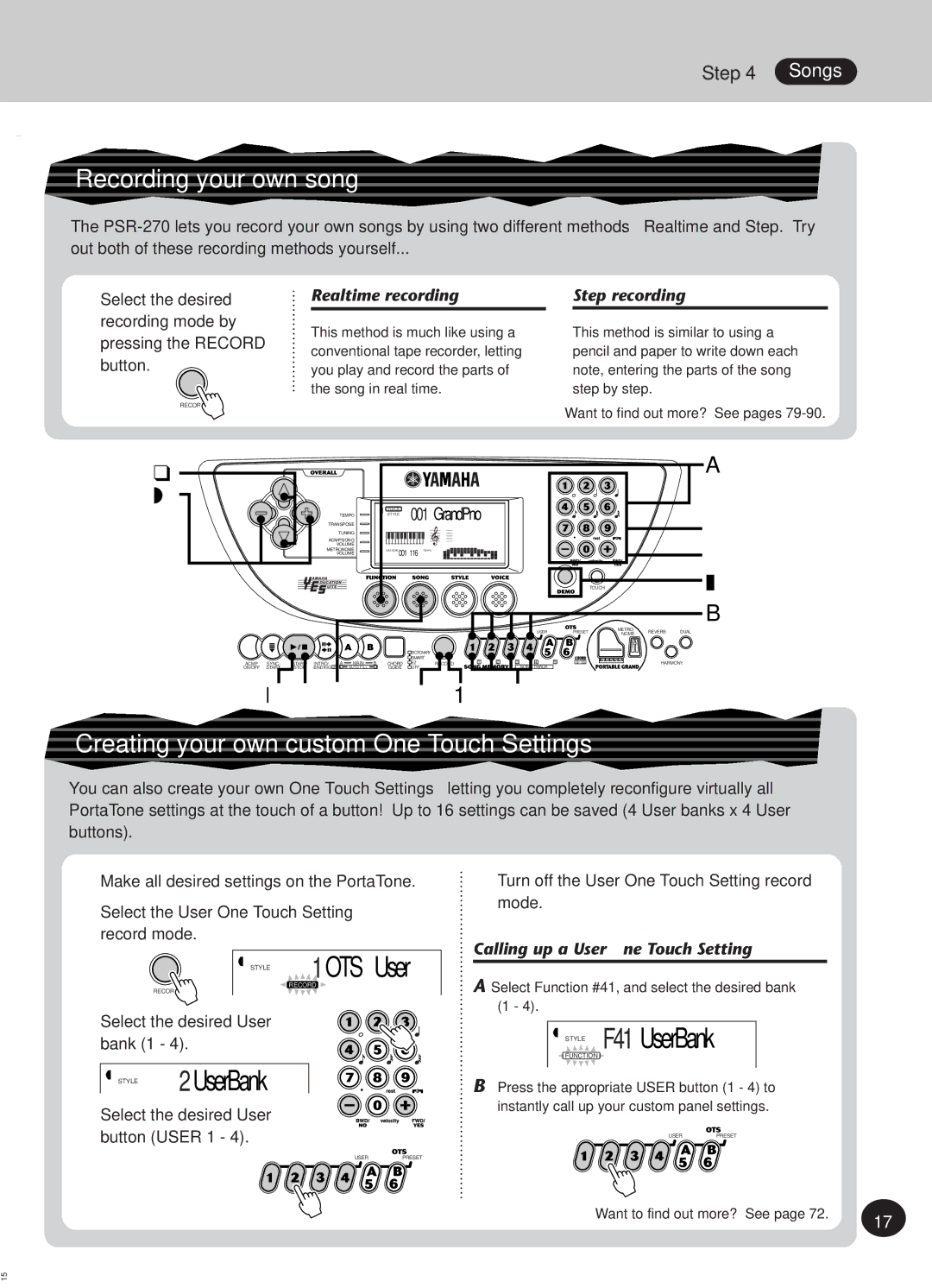 Yamaha Portatone, PSR-270 manual Style 1OTS User, STYLE2UserBank, Style F41UserBank, Songs 