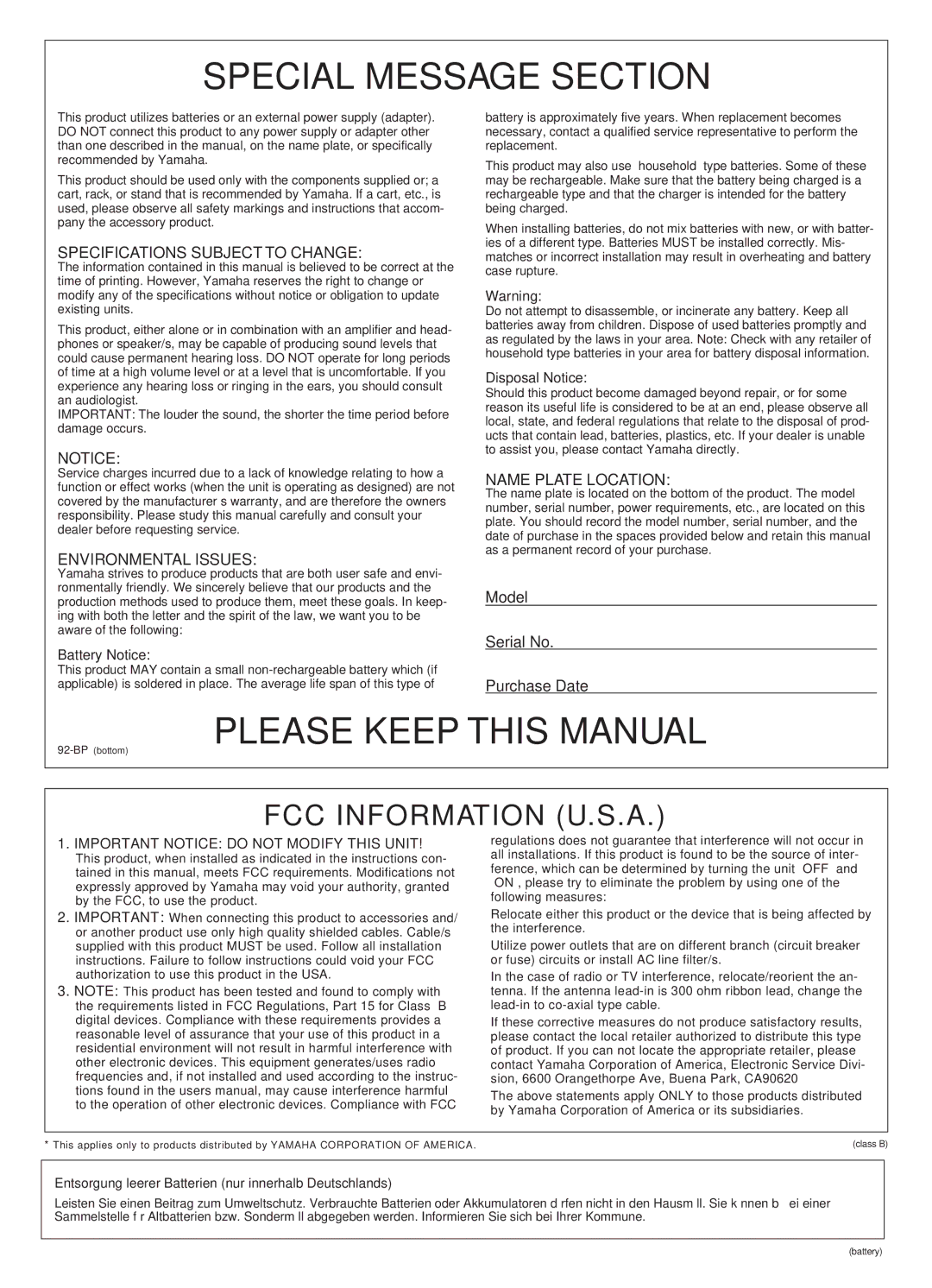 Yamaha PSR-270, Portatone manual Special Message Section 