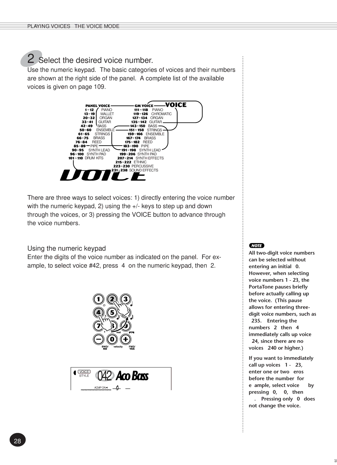 Yamaha PSR-270, Portatone manual Voice 042Aco.Bass, Select the desired voice number, Using the numeric keypad 