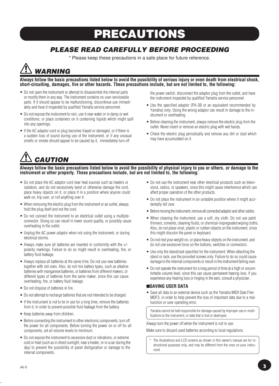 Yamaha Portatone, PSR-270 manual Precautions 