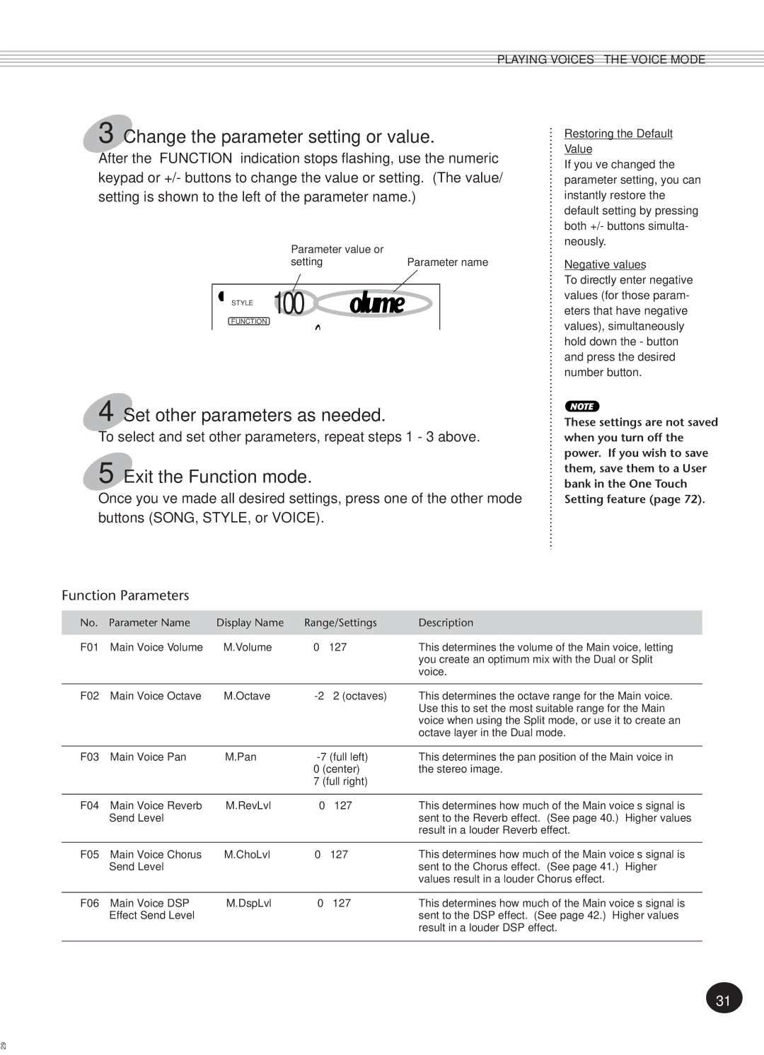 Yamaha Portatone, PSR-270 Change the parameter setting or value, Set other parameters as needed, Exit the Function mode 