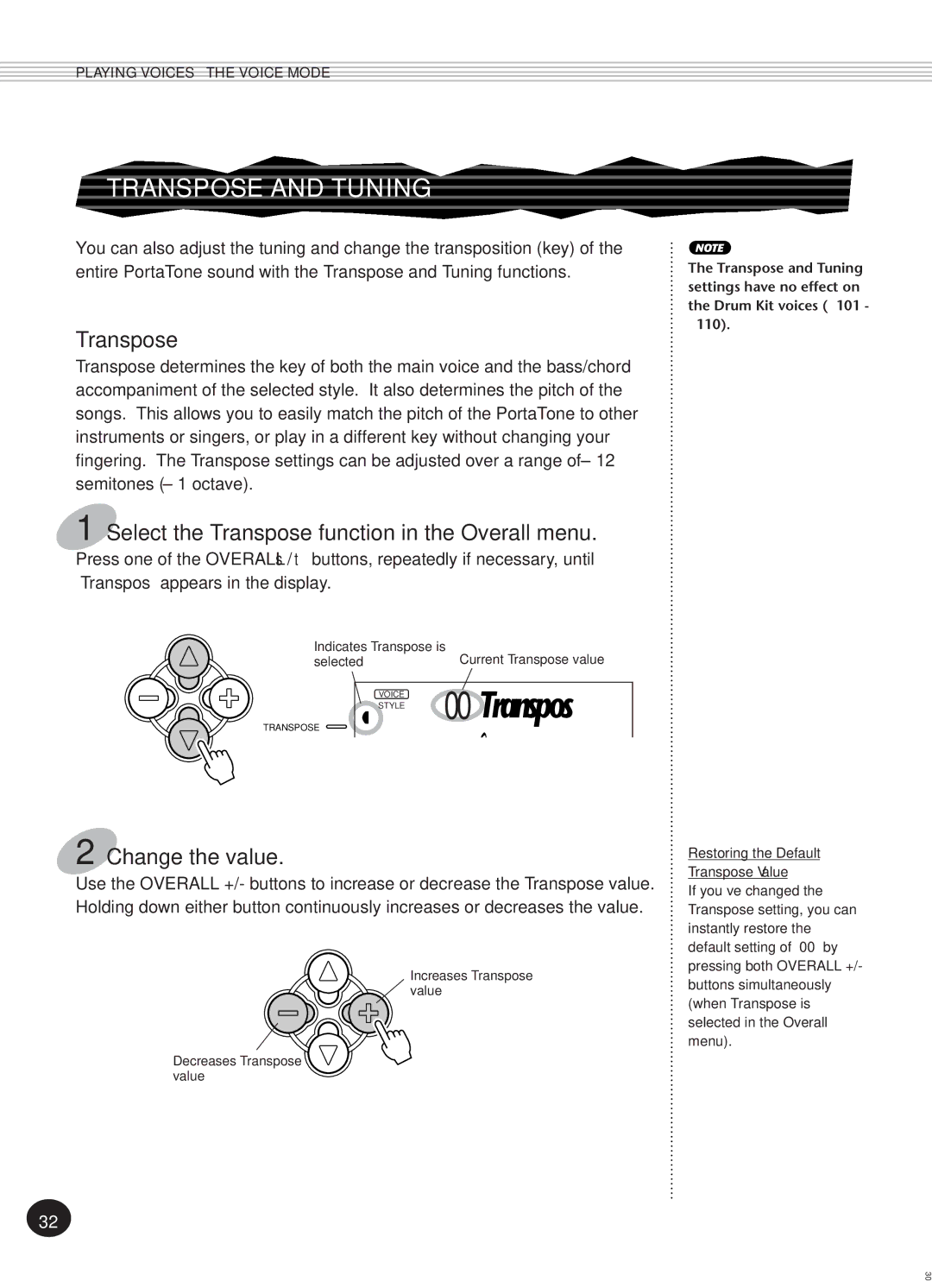 Yamaha PSR-270, Portatone manual Voice 00Transpos, Transpose and Tuning, Select the Transpose function in the Overall menu 