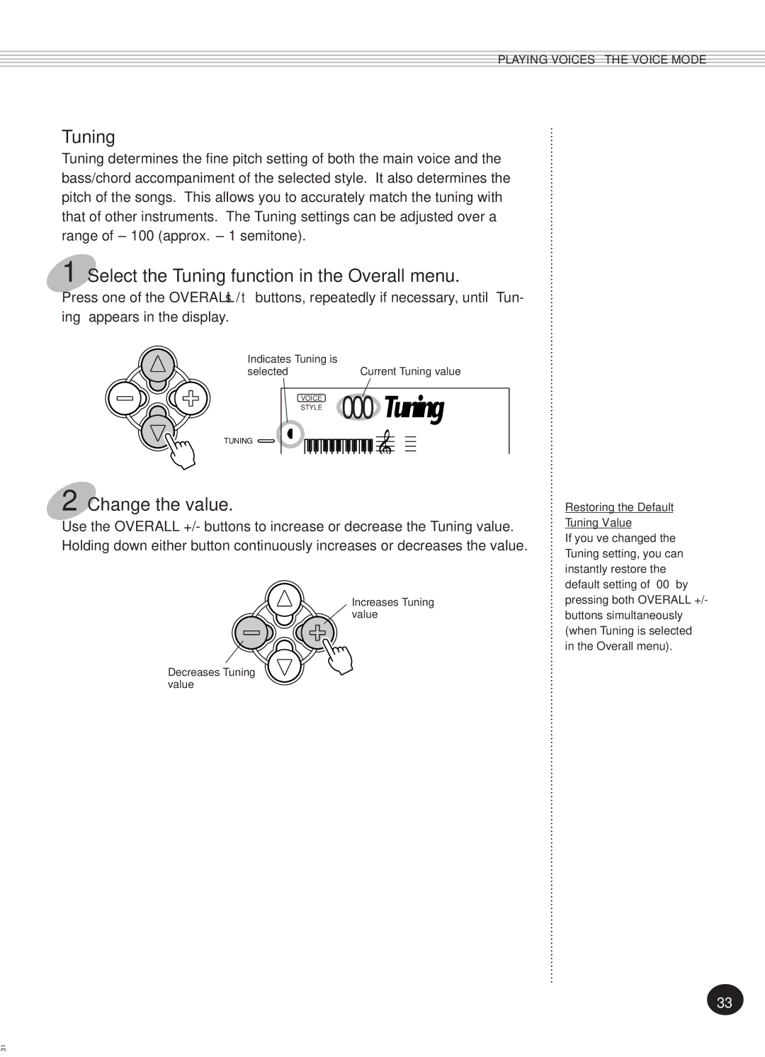 Yamaha Portatone, PSR-270 manual Select the Tuning function in the Overall menu 