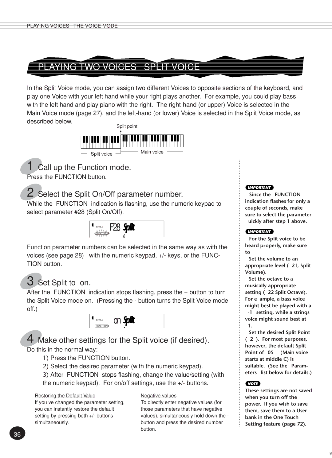 Yamaha PSR-270 manual Playing TWO Voices Split Voice, Call up the Function mode, Select the Split On/Off parameter number 