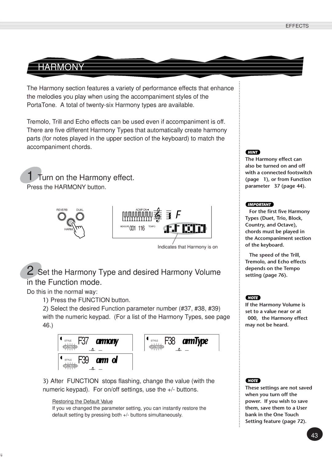 Yamaha Portatone, PSR-270 manual Style F37Harmony, Turn on the Harmony effect 
