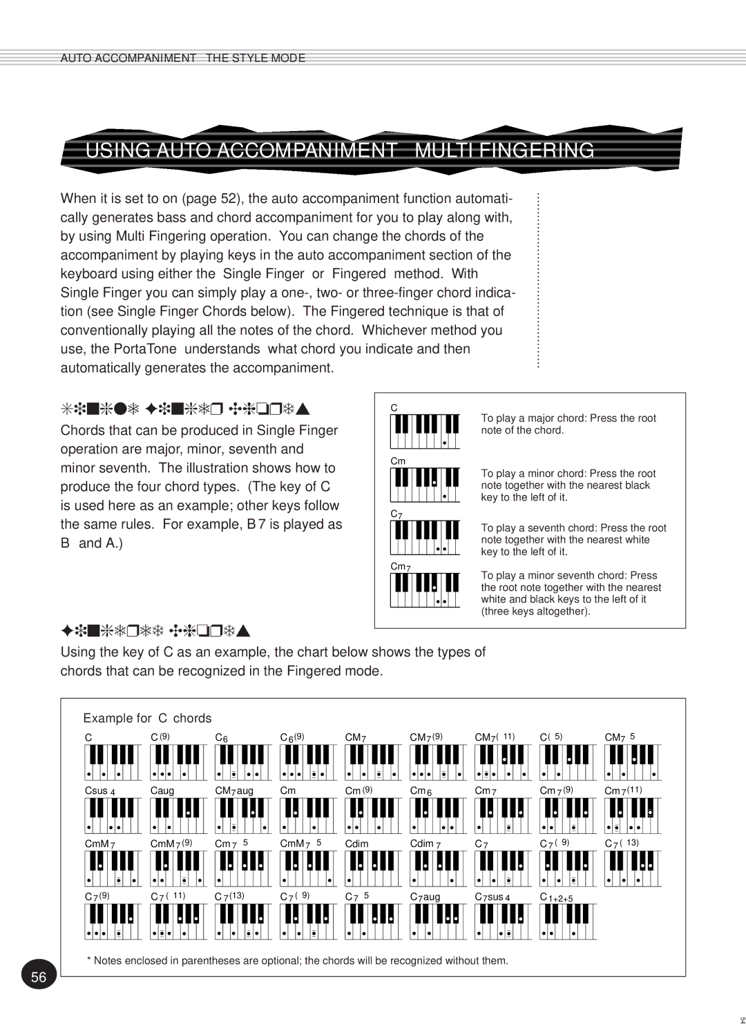Yamaha PSR-270, Portatone manual Using Auto Accompaniment Multi Fingering, Single Finger Chords, Fingered Chords 