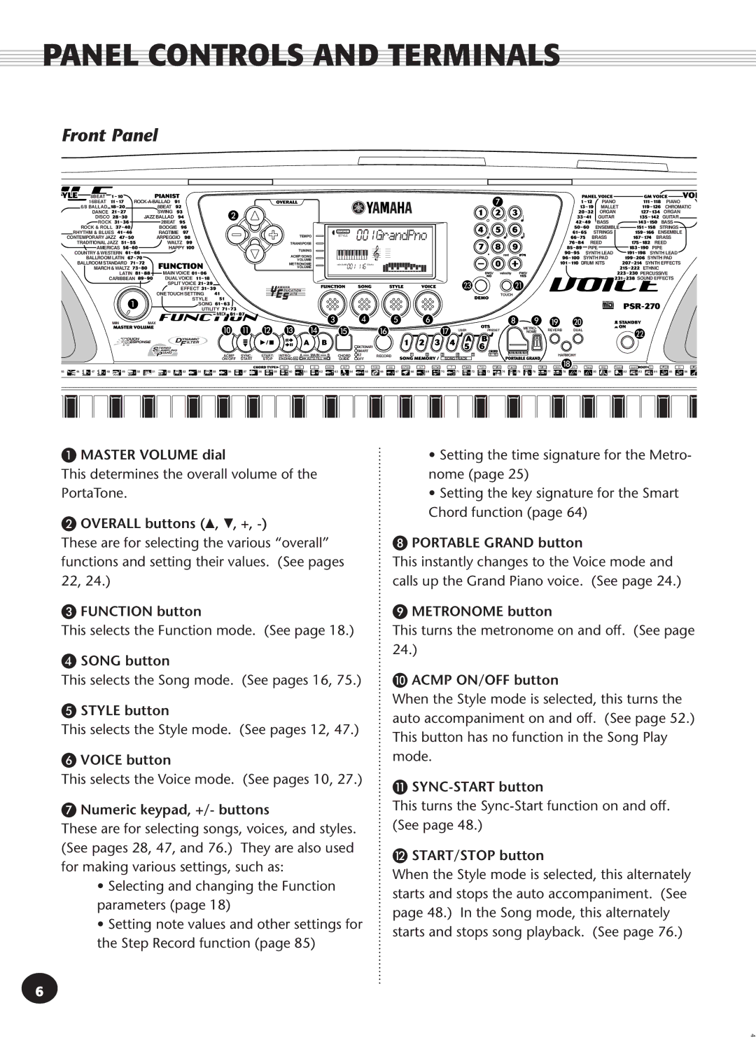 Yamaha PSR-270, Portatone manual Panel Controls and Terminals, Front Panel 