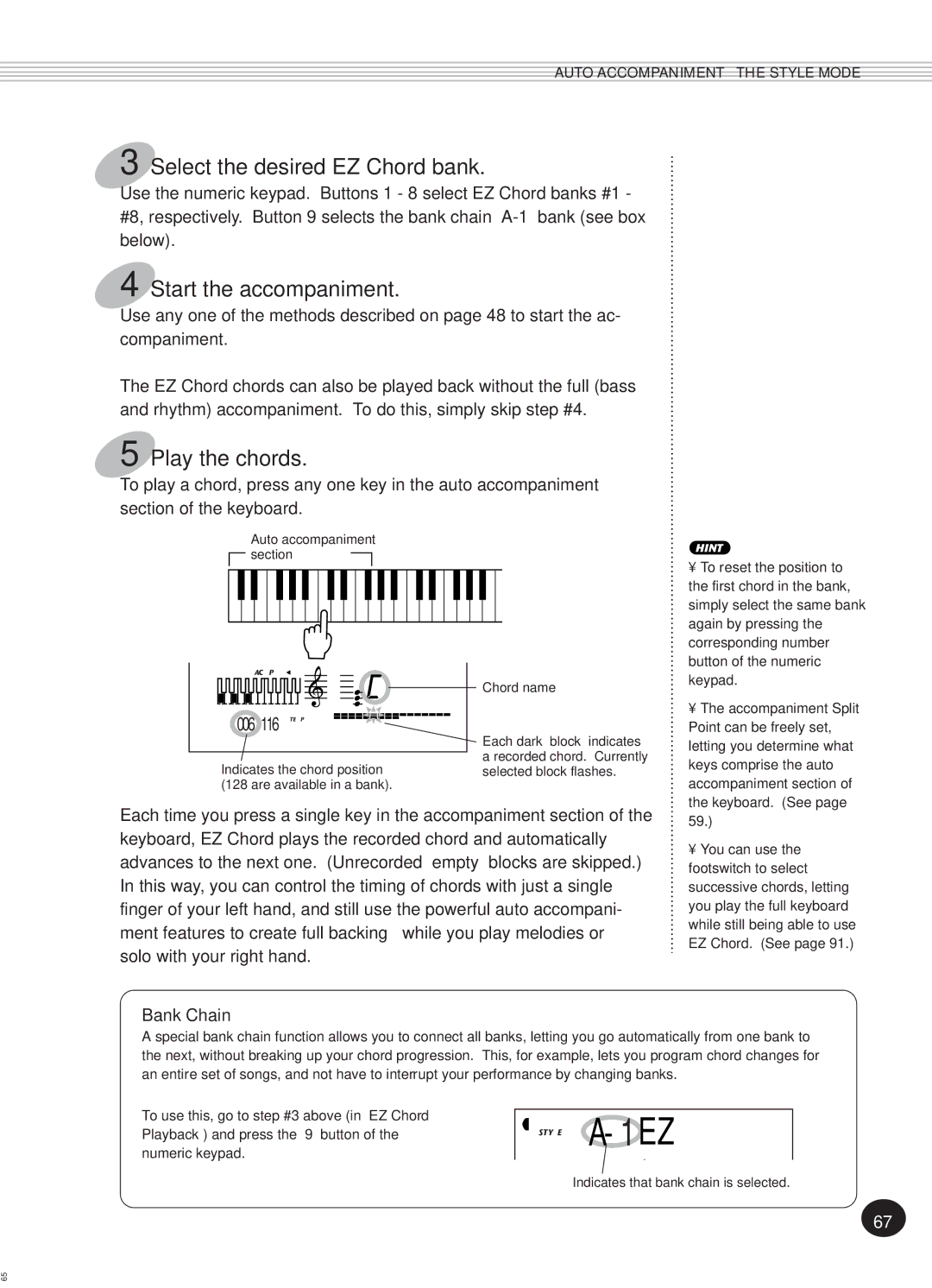 Yamaha Portatone, PSR-270 manual Select the desired EZ Chord bank, Play the chords, Bank Chain 