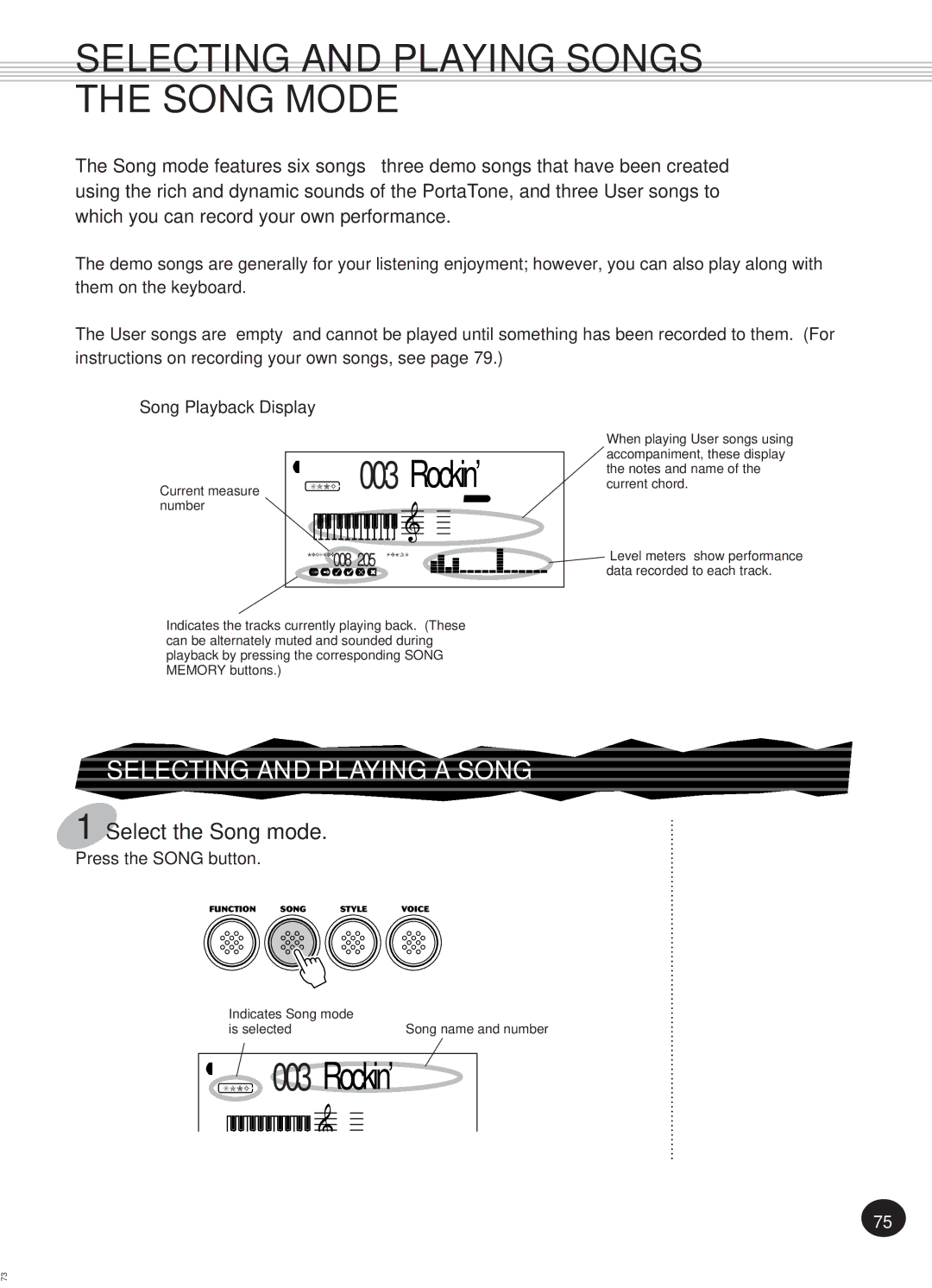 Yamaha Portatone, PSR-270 manual Selecting and Playing Songs the Song Mode, Song 003Rockin’, Selecting and Playing a Song 