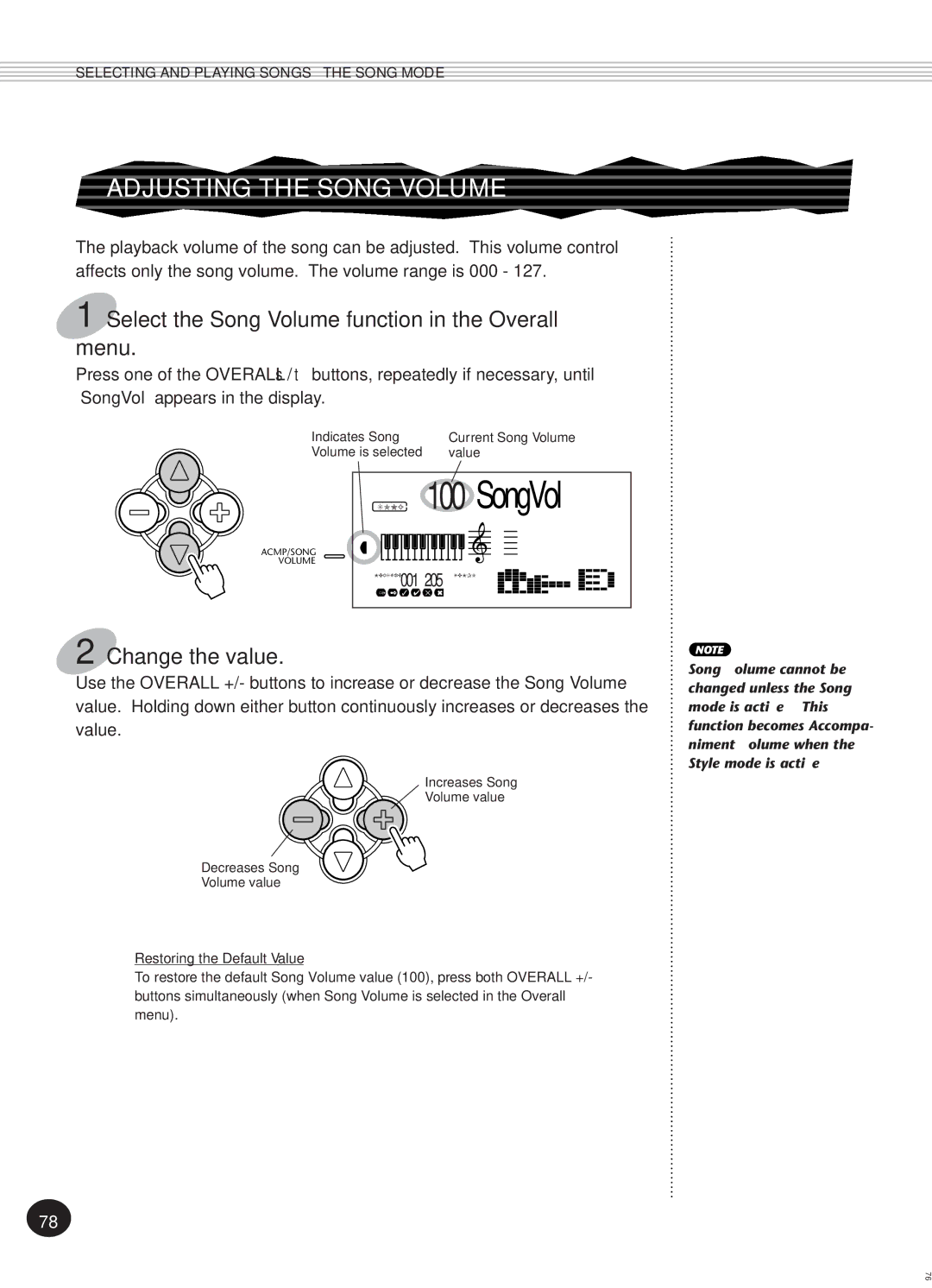 Yamaha PSR-270, Portatone Song 100SongVol, Adjusting the Song Volume, Select the Song Volume function in the Overall menu 