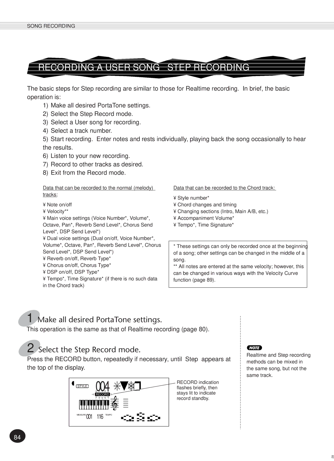Yamaha PSR-270, Portatone manual Recording a User Song Step Recording, Select the Step Record mode 