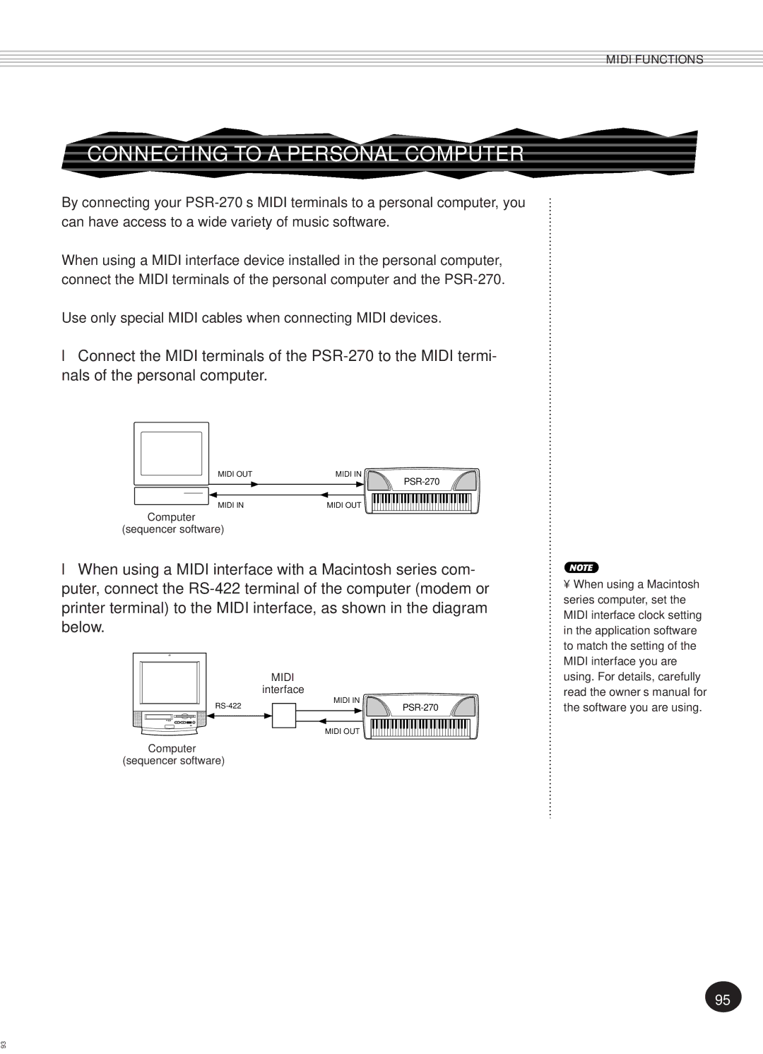 Yamaha Portatone, PSR-270 Connecting to a Personal Computer, Use only special Midi cables when connecting Midi devices 