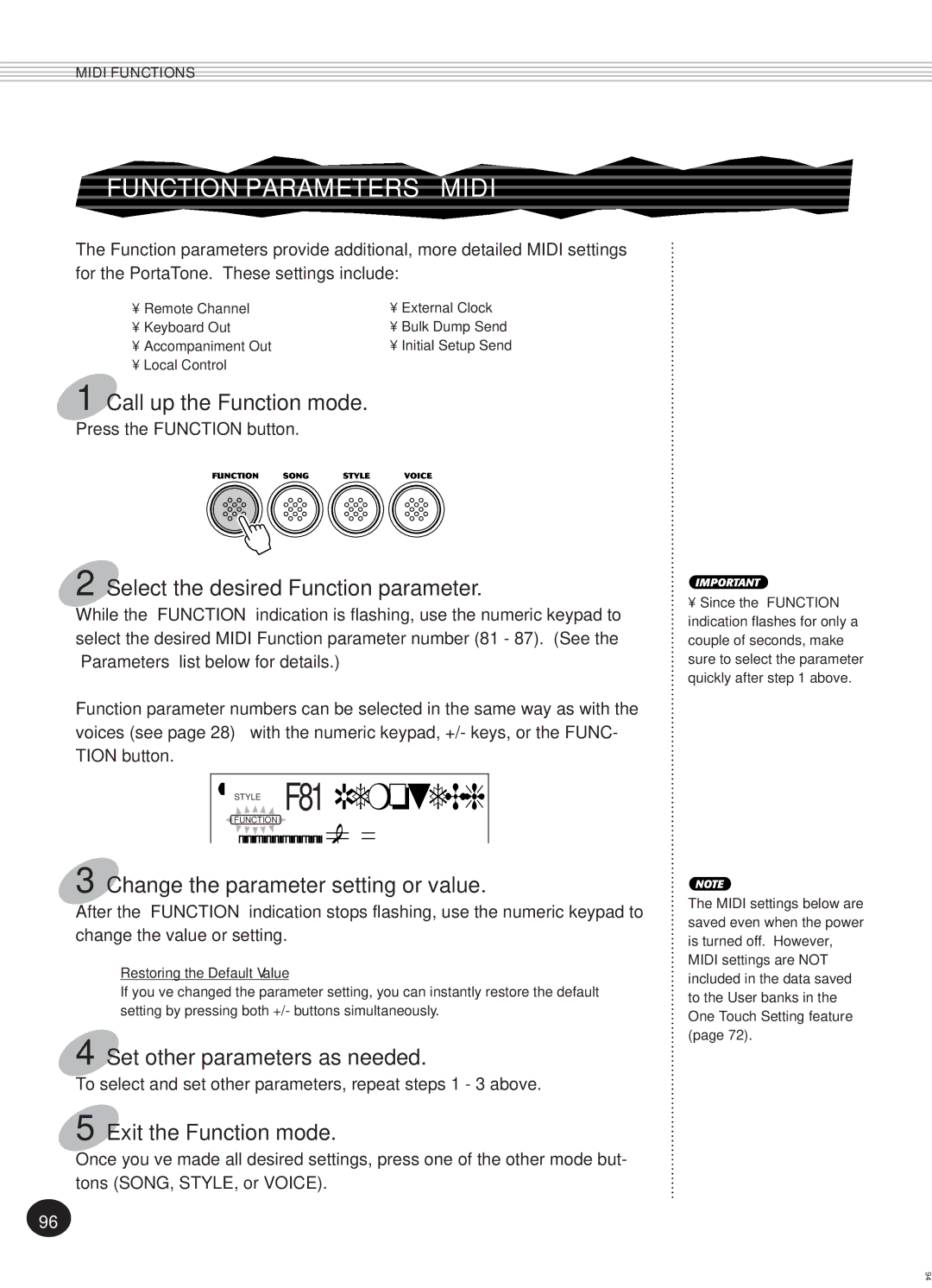 Yamaha PSR-270, Portatone manual Style F81RemoteCh, Function Parameters Midi, Select the desired Function parameter 
