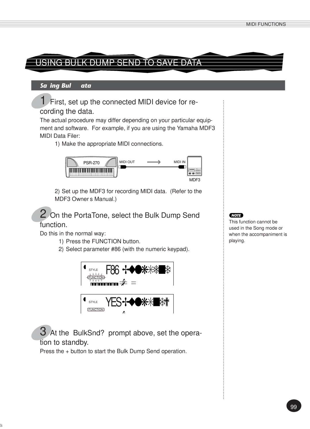 Yamaha Portatone, PSR-270 manual Style F86BulkSend, Style YESBulkSnd?, Using Bulk Dump Send to Save Data, Saving Bulk Data 