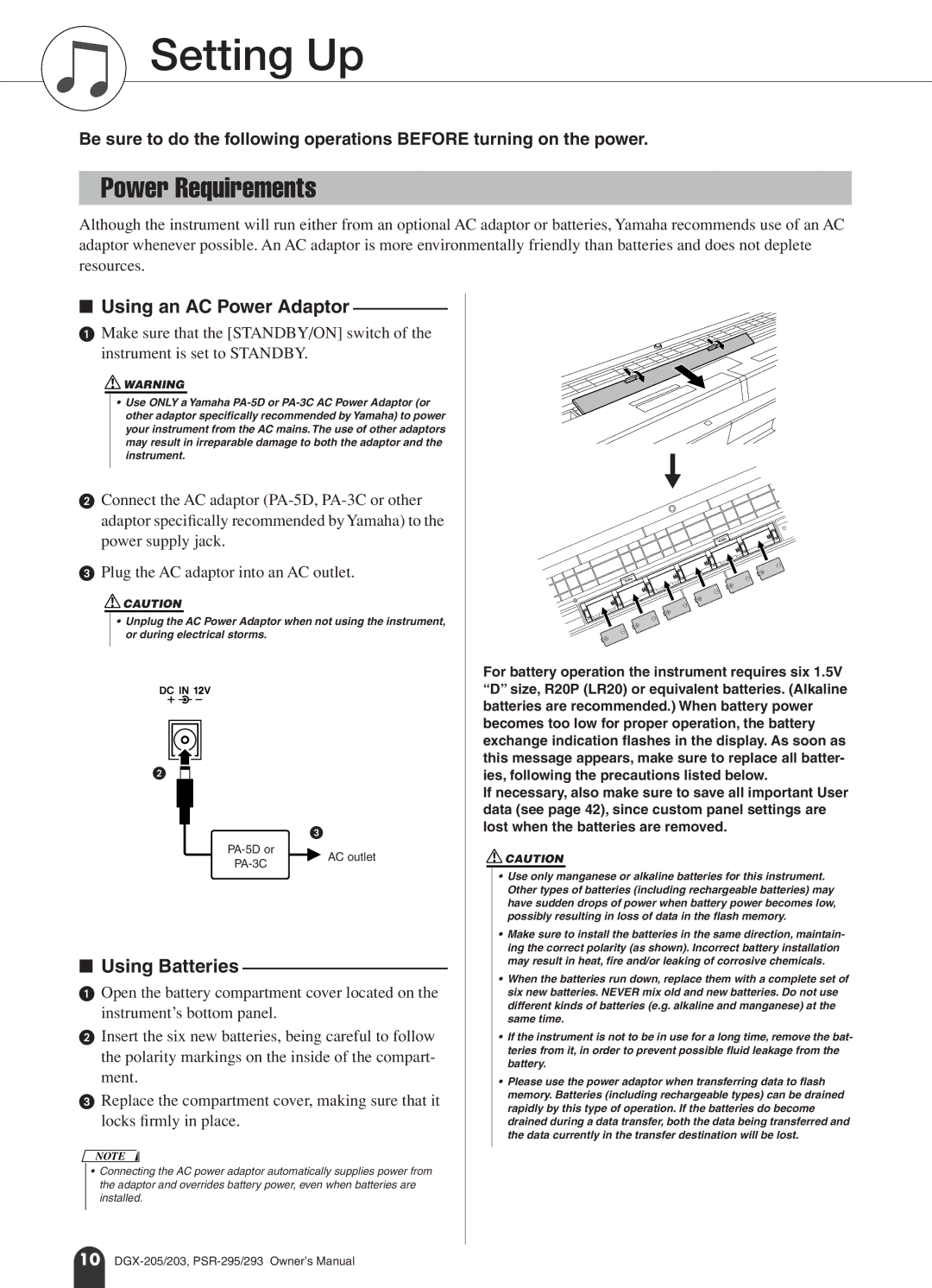 Yamaha PSR-293, PSR-295 owner manual Setting Up, Power Requirements, PA-5D or, AC outlet 