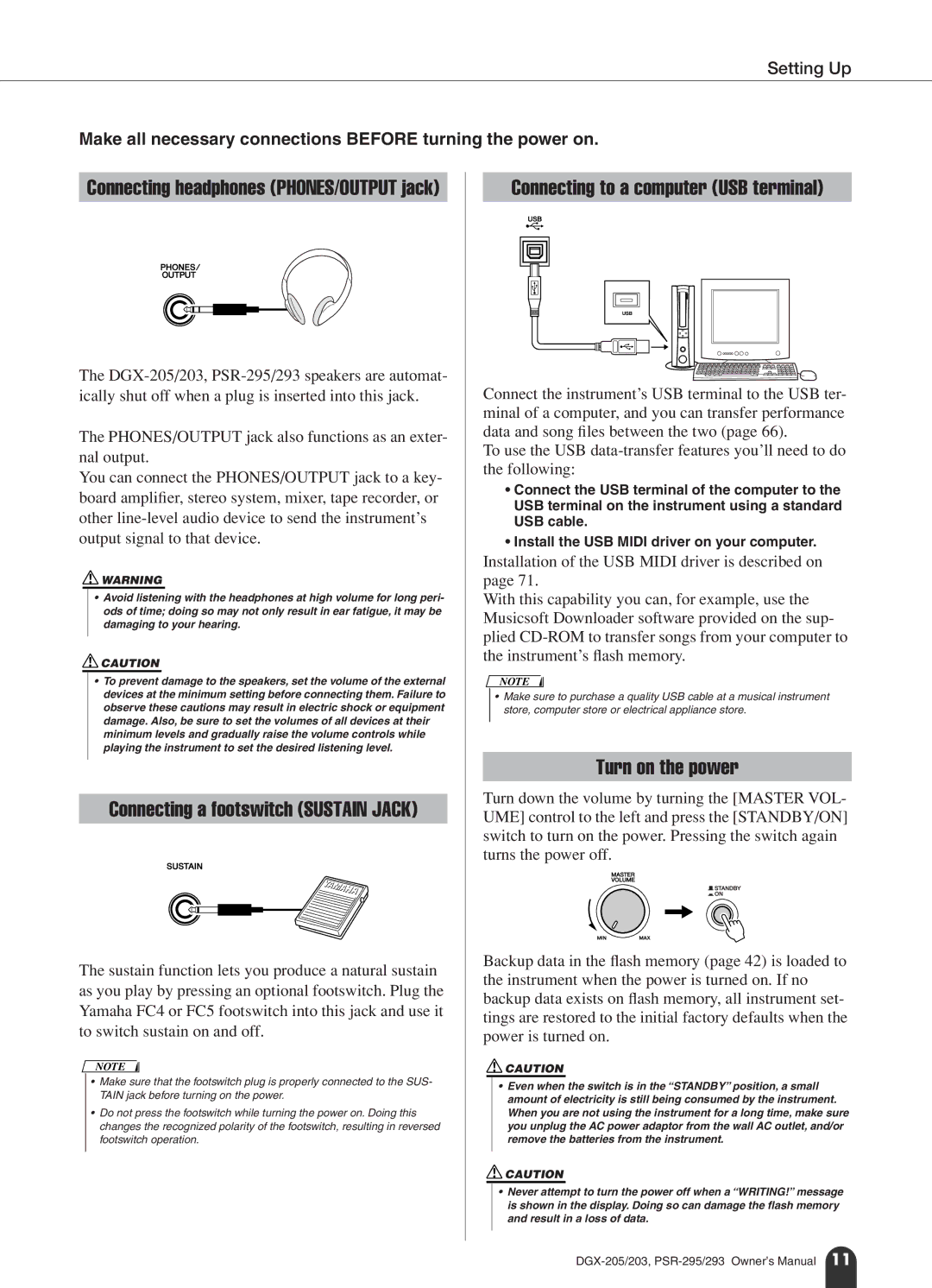 Yamaha PSR-295, PSR-293 owner manual Setting Up, Make all necessary connections Before turning the power on 