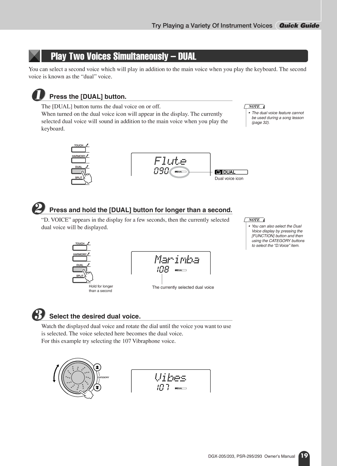 Yamaha PSR-295, PSR-293 owner manual Marimba, Vibes, Play Two Voices Simultaneously Dual, 108, 107 