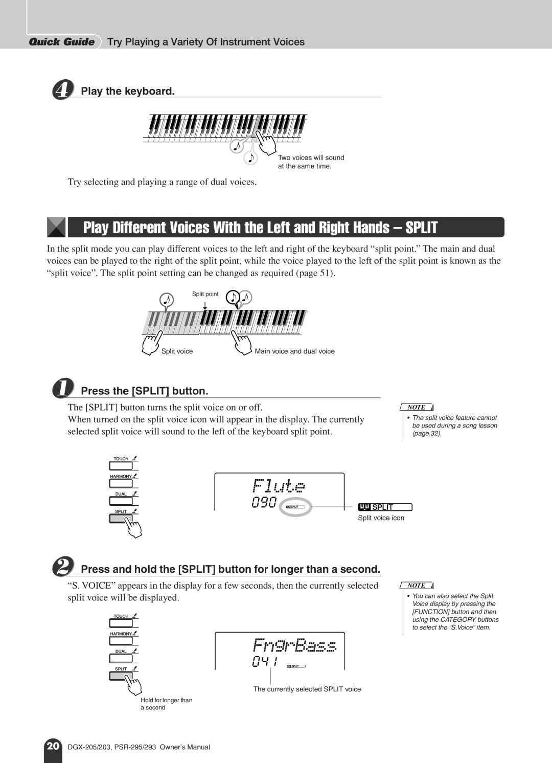 Yamaha PSR-293, PSR-295 FngrBass, Play Different Voices With the Left and Right Hands Split, 041, Press the Split button 