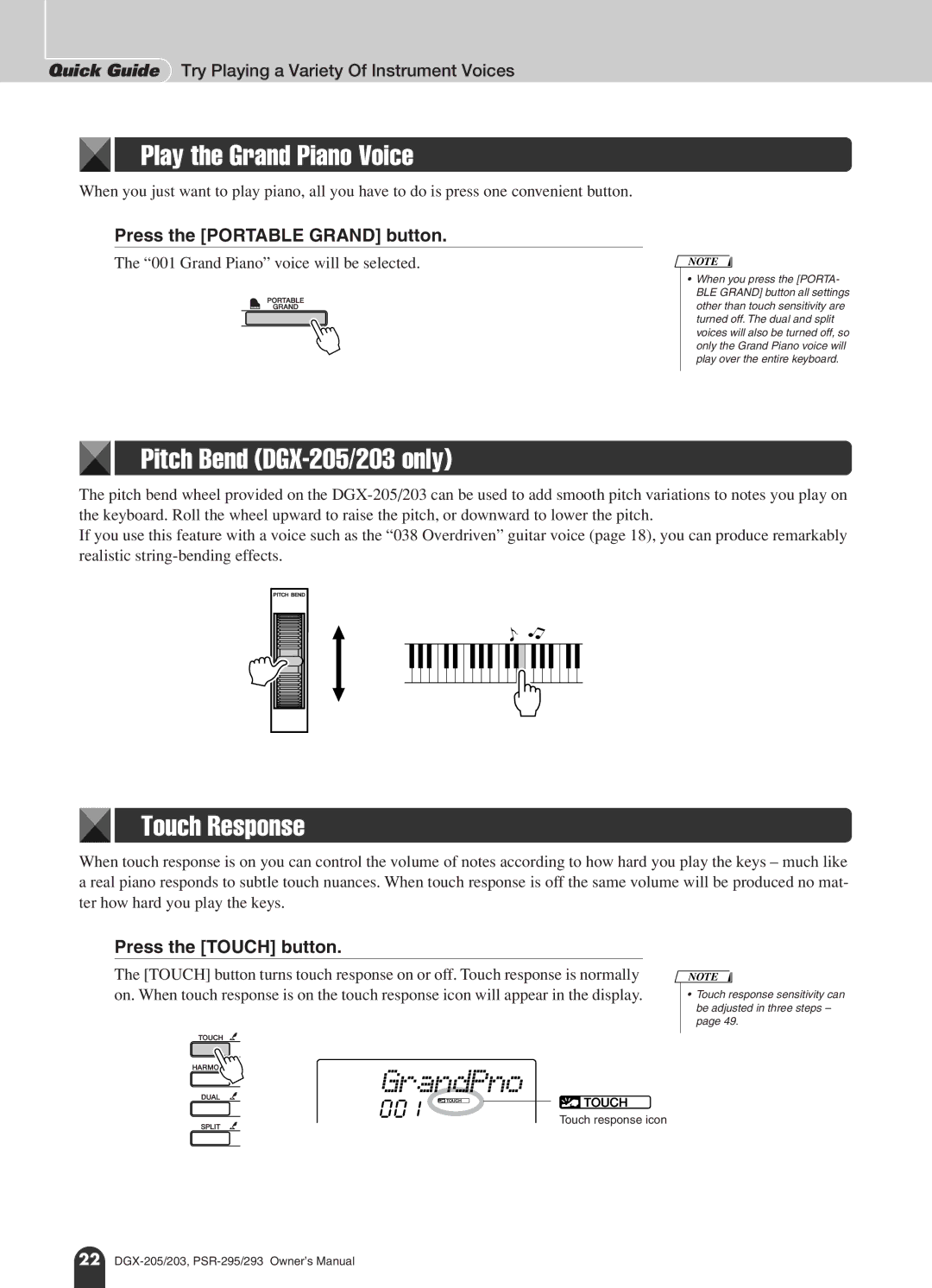 Yamaha PSR-293, PSR-295 owner manual GrandPno, Play the Grand Piano Voice, Pitch Bend DGX-205/203 only, Touch Response 