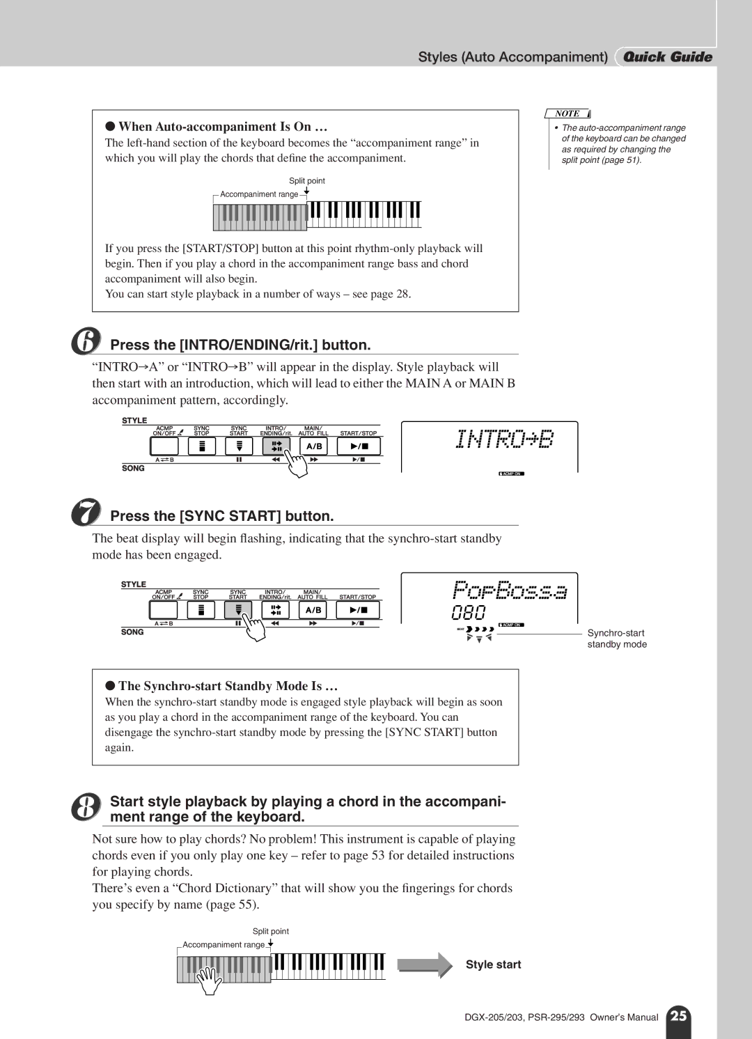 Yamaha PSR-295 Styles Auto Accompaniment Quick Guide, Press the INTRO/ENDING/rit. button, Press the Sync Start button 