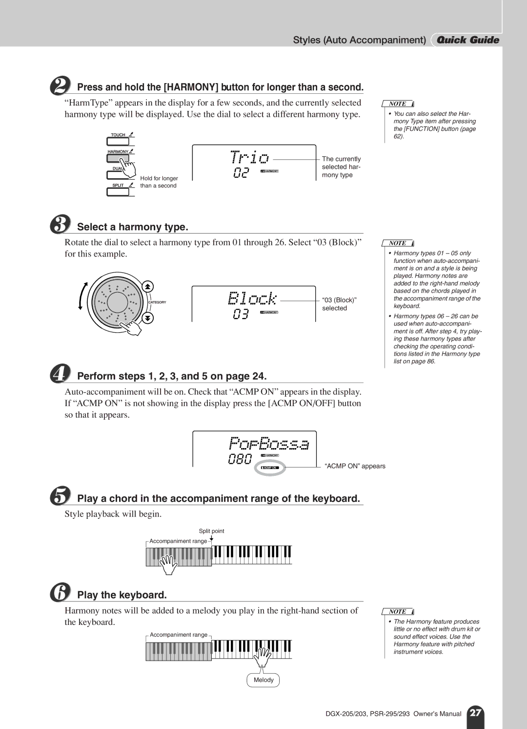 Yamaha PSR-295, PSR-293 owner manual Press and hold the Harmony button for longer than a second, Select a harmony type 