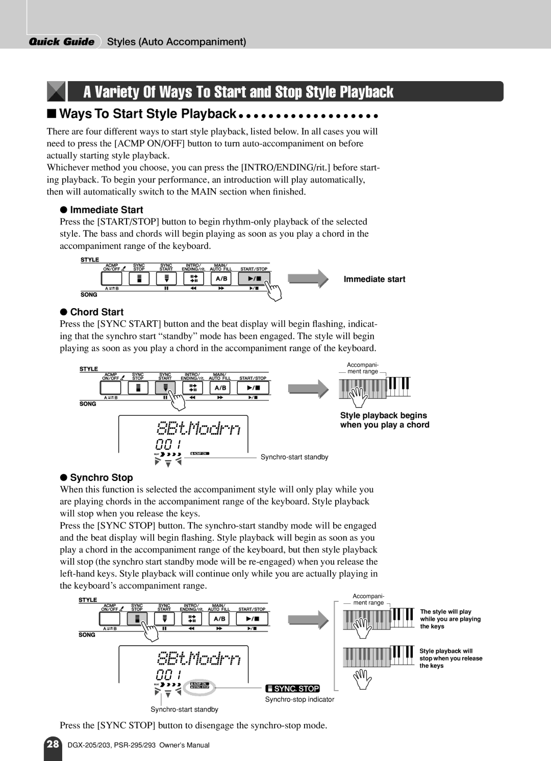 Yamaha PSR-293, PSR-295 owner manual Variety Of Ways To Start and Stop Style Playback, Immediate Start 