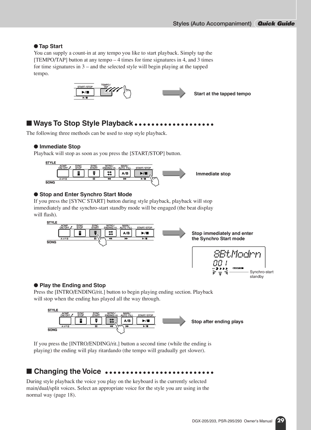 Yamaha PSR-295, PSR-293 owner manual Tap Start, Immediate Stop, Stop and Enter Synchro Start Mode, Play the Ending and Stop 